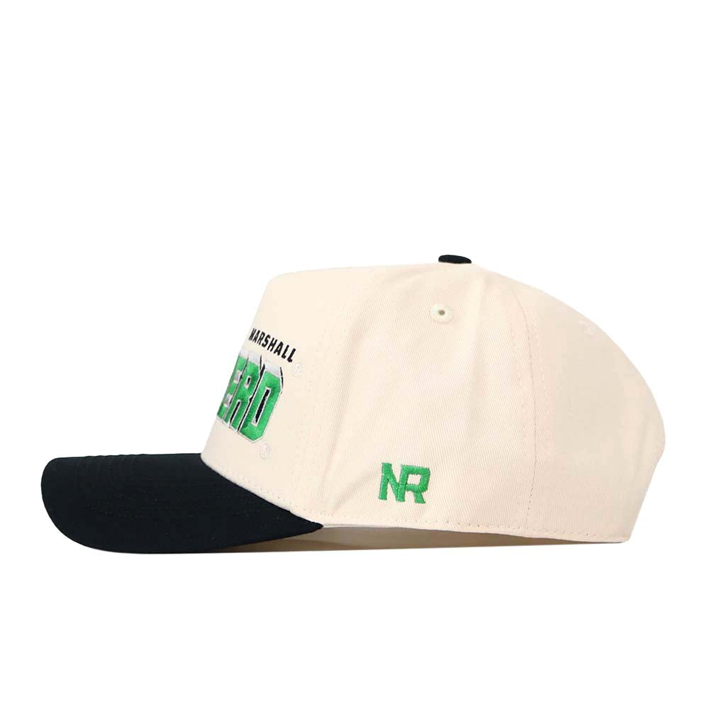 Introducing the Marshall Alma Mater Hat by No Rivals—a structured, cream-colored snapback crafted from premium cotton for all-day comfort. This cap features a contrasting black brim and distinctive green NR embroidery on the side. On the front, partially visible “MARSHALL” text adds a collegiate touch, making this licensed hat a stylish choice for everyday wear.