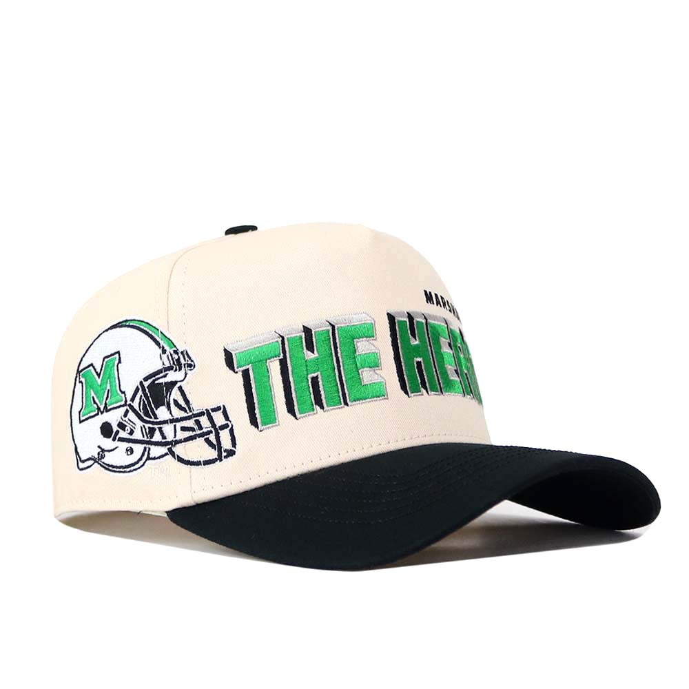 Introducing the No Rivals Marshall Alma Mater Hat—a licensed beige and black snapback featuring a green football helmet and “THE HERD” embroidered in bold green lettering on the side. This structured cap is crafted from high-quality cotton, ensuring lasting comfort and classic style.