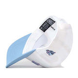 Side view of the No Rivals FIU Panthers Upside Down Miami Hat - Whiteout, a white baseball cap with a light blue brim, featuring a small bulldog logo on the side and visible inner labels—ideal for fans looking to showcase unique style.