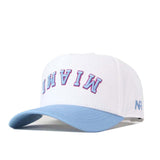 The No Rivals FIU Panthers | Upside Down Miami Hat - Whiteout is a white snapback cap with a light blue brim, featuring “MIAMI” embroidered upside down in pink and blue letters on the front.