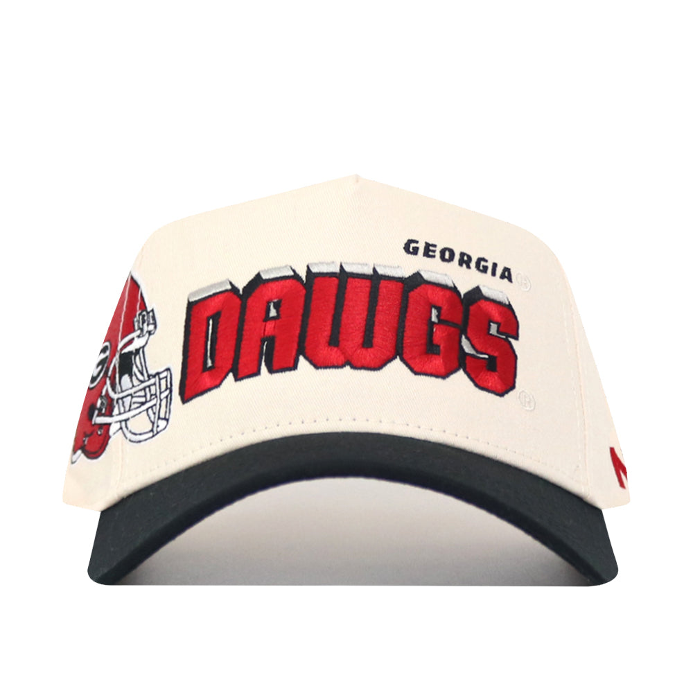 Front view of the Georgia Alma Mater Hat - Classic by No Rivals: a white snapback with black brim, bold red "DAWGS," "GEORGIA" above, red football helmet graphic on the side. Made from high-quality cotton and officially licensed.