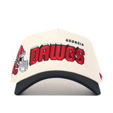 Front view of the Georgia Alma Mater Hat - Classic by No Rivals: a white snapback with black brim, bold red "DAWGS," "GEORGIA" above, red football helmet graphic on the side. Made from high-quality cotton and officially licensed.