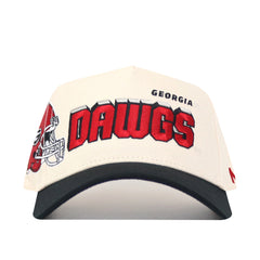 Front view of the Georgia Alma Mater Hat - Classic by No Rivals: a white snapback with black brim, bold red "DAWGS," "GEORGIA" above, red football helmet graphic on the side. Made from high-quality cotton and officially licensed.