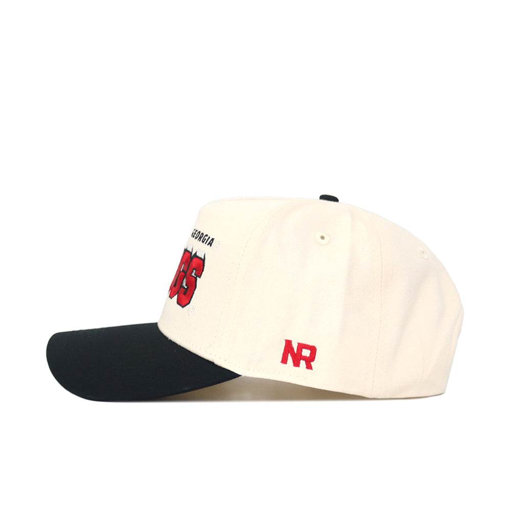 The No Rivals Georgia Alma Mater Hat - Classic is a white cotton baseball cap with a black brim, featuring red "NR" embroidery on the side, red and black text and numbers on the front, a top button, stitched eyelets, and a snapback closure.