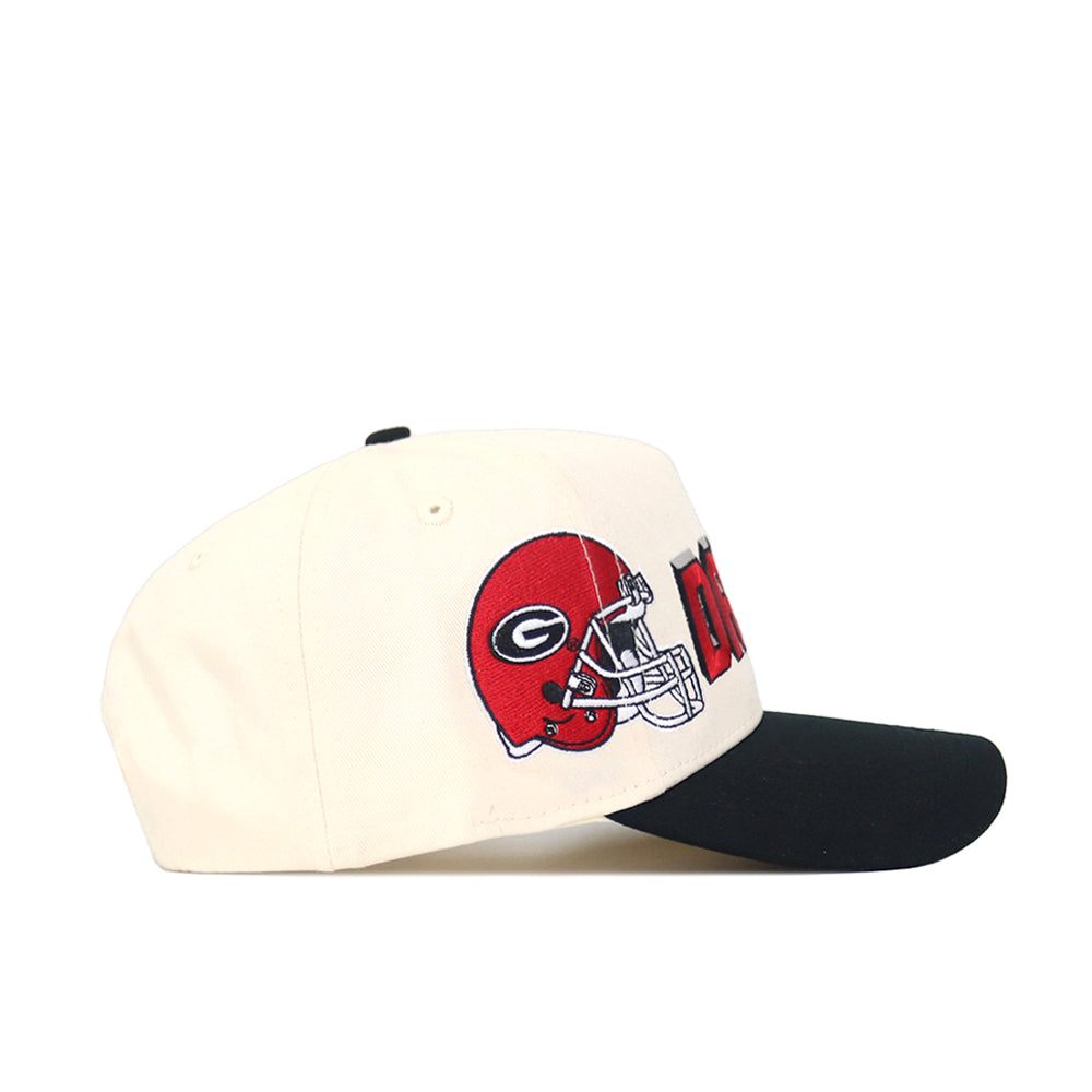 The No Rivals Georgia Alma Mater Hat - Classic is a white snapback with a black brim, featuring an embroidered red G-logo football helmet, crafted from high-quality cotton.