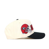 The No Rivals Georgia Alma Mater Hat - Classic is a white snapback with a black brim, featuring an embroidered red G-logo football helmet, crafted from high-quality cotton.