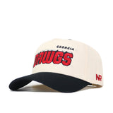 The Georgia Alma Mater Hat - Classic by No Rivals is a beige snapback with a black brim. "DAWGS" appears in bold red letters with "GEORGIA" above it, plus an NR logo embroidered in red. Made from high quality cotton and officially licensed.