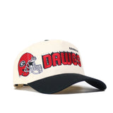 The No Rivals Georgia Alma Mater Hat - Classic is a beige and black snapback featuring a red Bulldogs helmet, bold red DAWGS text, and GEORGIA above. Crafted from high-quality cotton and officially licensed for true fans.