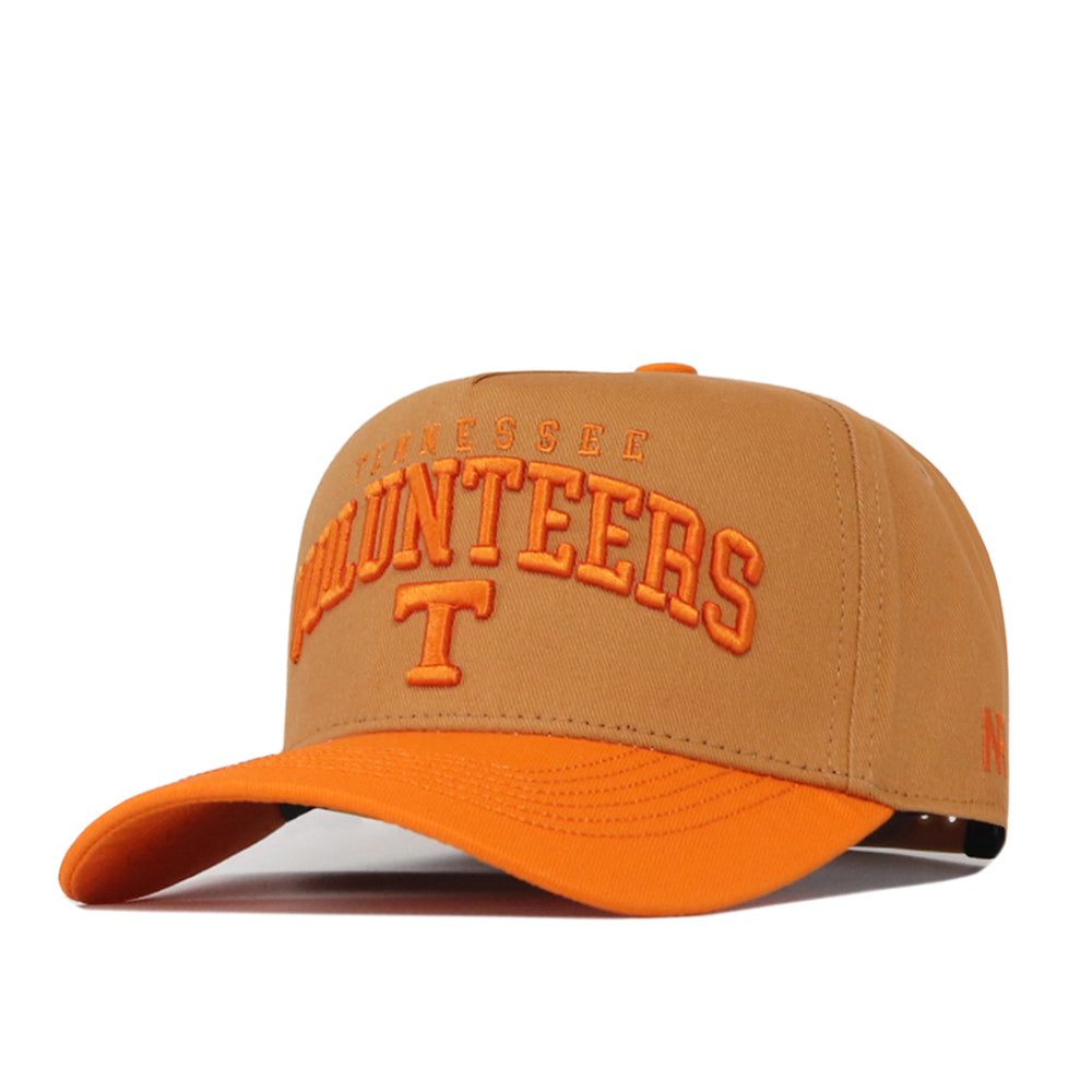 Introducing the Tennessee Rivalry Hat by No Rivals—a tan and orange baseball cap expertly crafted from high-quality cotton. This cap features the Tennessee Volunteers’ signature large “T” embroidered on the front, with a vivid orange brim and detailed stitching for bold contrast. The adjustable snap back ensures a comfortable fit every time.