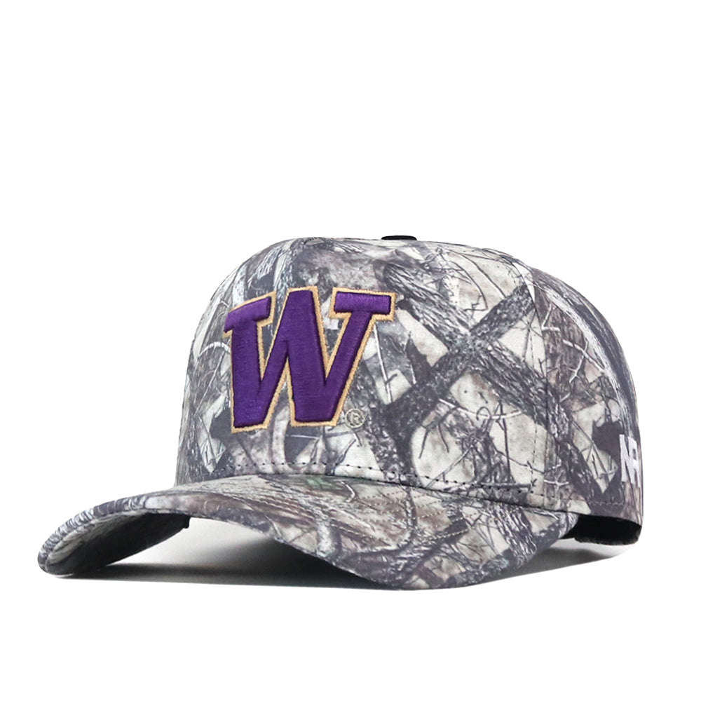 The No Rivals Washington Huskies Outland Hat is a camouflage baseball cap featuring a large, officially licensed purple and gold “W” embroidered on the front, shown angled against a white background.