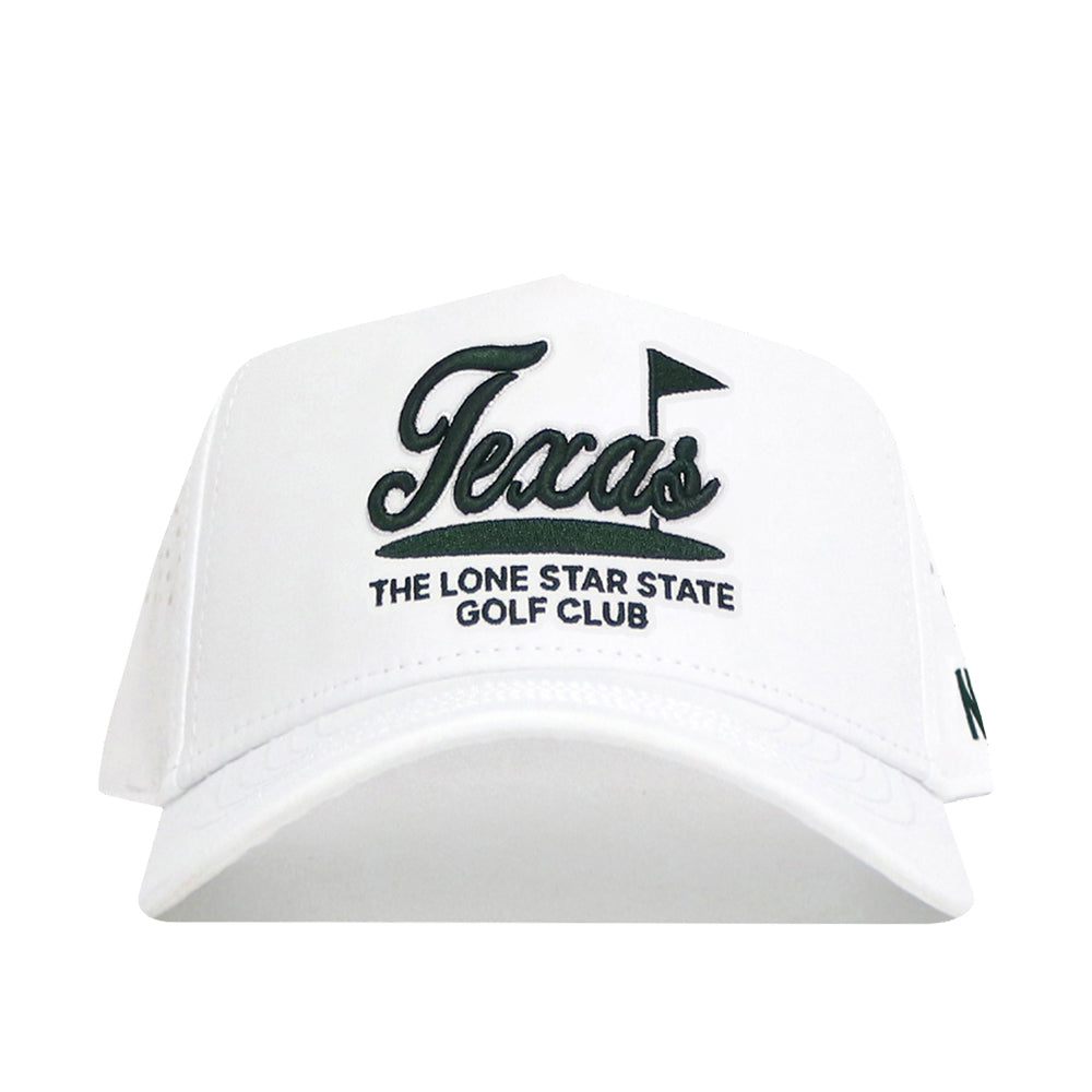 The No Rivals Texas Clubhouse Hat is a white, structured hat with "Texas" and a black golf flag embroidered, plus "THE LONE STAR STATE GOLF CLUB" on the front. Made from a comfy poly-cotton blend with an adjustable snapback closure.