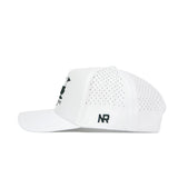The No Rivals Texas Clubhouse Hat is a white structured-fit cap made from a polyester-cotton blend, with perforated ventilation holes on the back, black NR embroidery on the side, and a partially visible black front design.