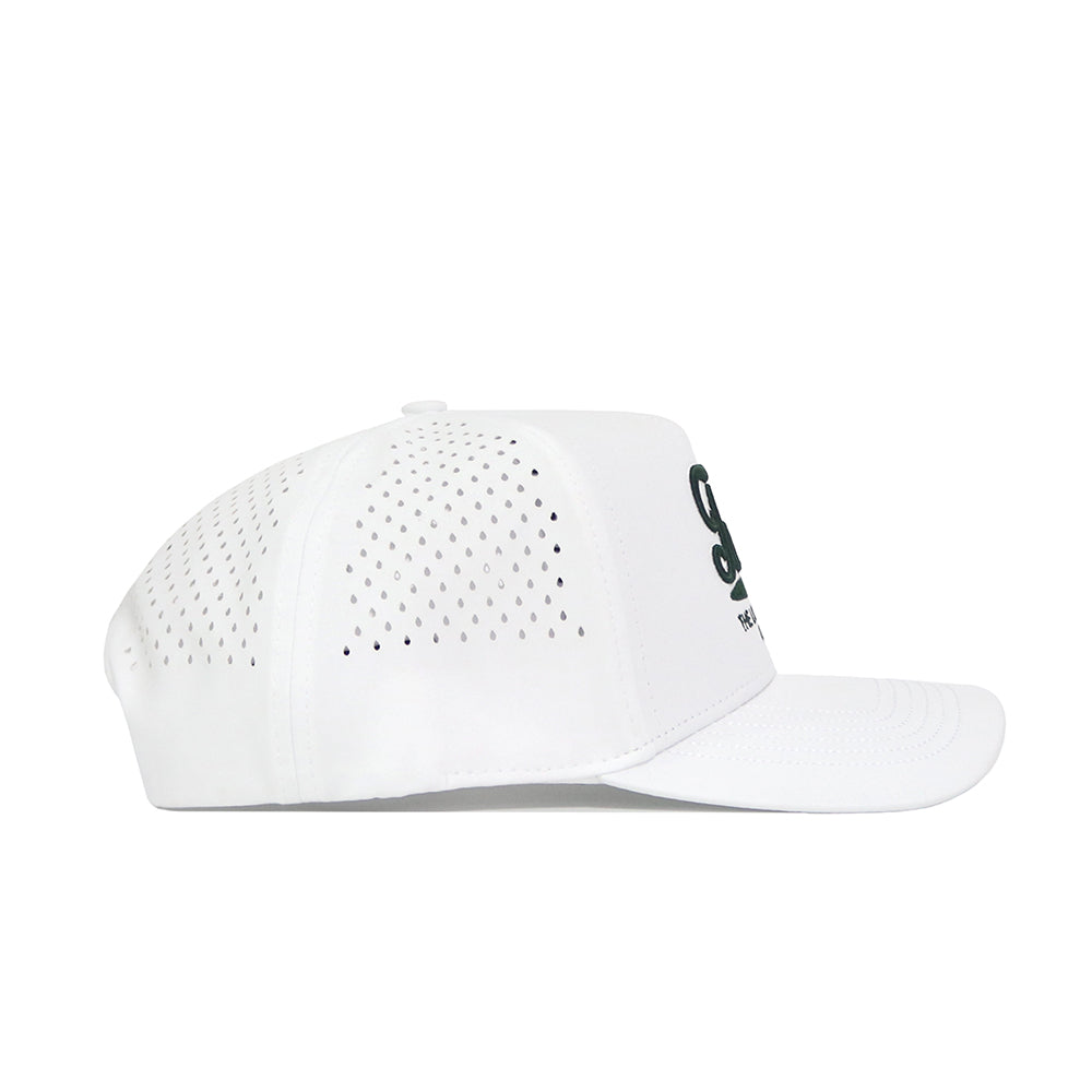 The No Rivals Texas Clubhouse Hat is a structured white baseball cap with small crown ventilation holes, a flat brim, and partial dark front branding. Made from a polyester-cotton blend; shown from the side.