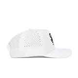 The No Rivals Texas Clubhouse Hat is a structured white baseball cap with small crown ventilation holes, a flat brim, and partial dark front branding. Made from a polyester-cotton blend; shown from the side.