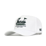 The Texas Clubhouse Hat by No Rivals is a white snapback with Texas in green script and a golf flag on the front, "THE LONE STAR STATE GOLF CLUB" embroidered below, NR initials on the side, ventilated holes, and a structured poly-cotton fit.