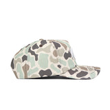 The No Rivals Iowa Huntsman Hat is displayed from the side, showcasing its green, brown, and beige duck camo pattern with a flat brim and classic snapback closure.