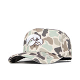 The No Rivals Iowa Huntsman Hat is a 5-panel Duck Camo snapback baseball cap with a white embroidered Iowa Hawkeyes logo on the front, shown on a white background.