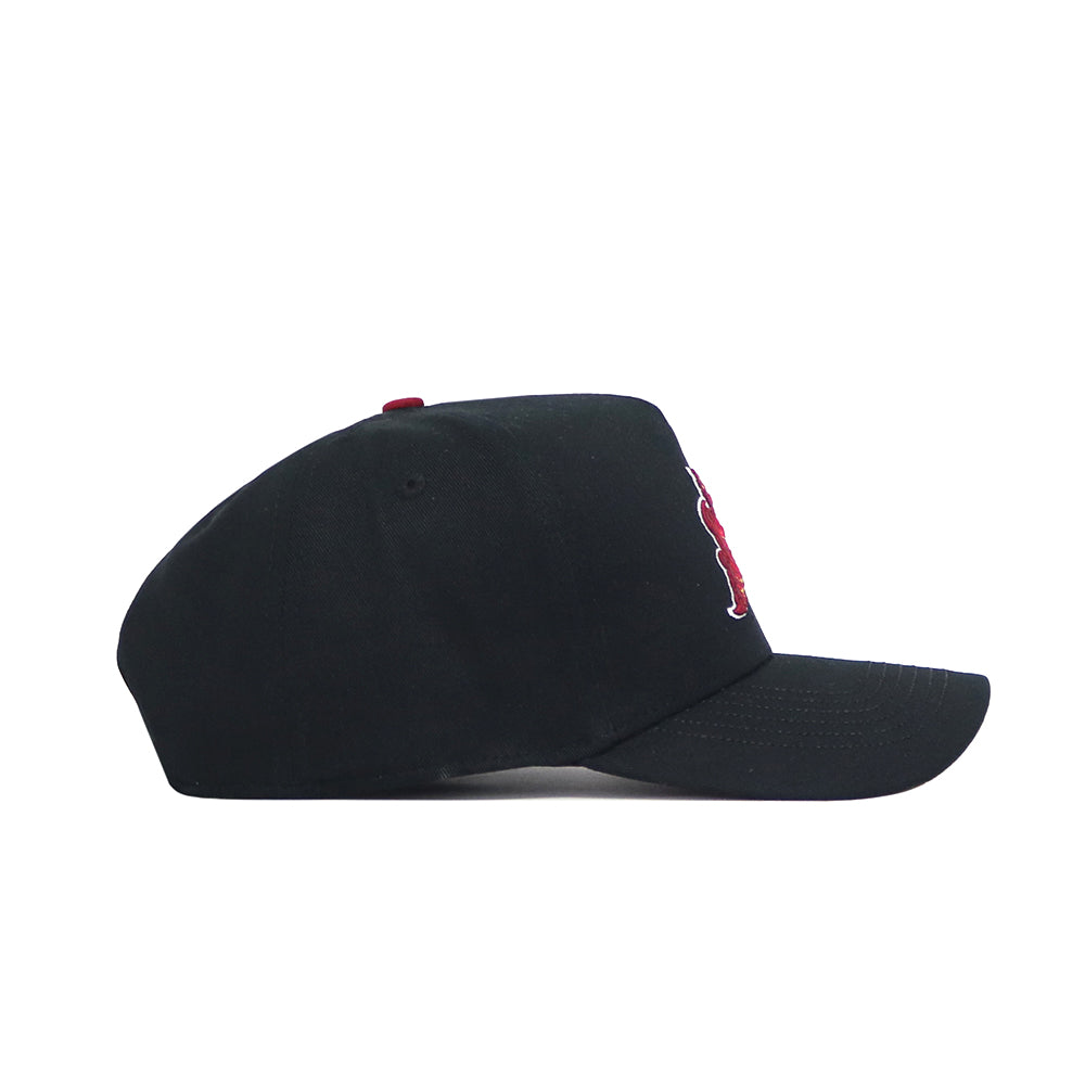 The No Rivals Iowa State Patch Hat - Black is a high-quality cotton snapback with a slightly curved brim, viewed from the side, and features a partially visible red emblem on the front.