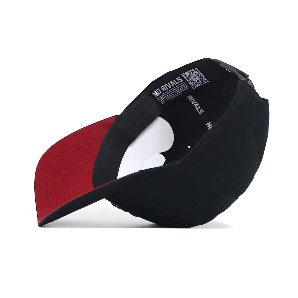 The Iowa State Patch Hat - Black by No Rivals is a high-quality cotton snapback with a red underbrim, structured fit, adjustable strap, and "NO RIVALS" printed on the interior band. Side and top views highlight its premium design.