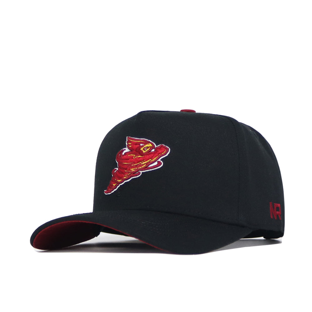 The No Rivals Iowa State Patch Hat - Black is a high-quality cotton snapback featuring a red and yellow embroidered tornado logo on the front with red accents under the brim and on the side.