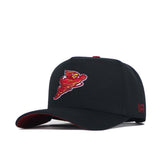 The No Rivals Iowa State Patch Hat - Black is a high-quality cotton snapback featuring a red and yellow embroidered tornado logo on the front with red accents under the brim and on the side.