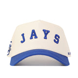 The No Rivals Right Side Up JAYS Hat – Creighton – Classic Colors features bold blue JAYS lettering, a partial side logo, blue brim, and structured white/blue snapback style. Made from durable cotton-canvas for lasting comfort.