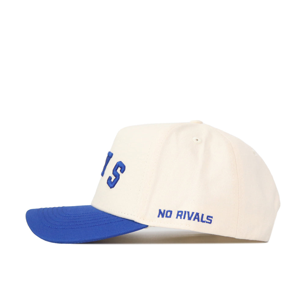 The Right Side Up JAYS Hat - Creighton by No Rivals features a cream-colored crown, royal blue brim, structured cotton-canvas build, TS embroidery on the front, and NO RIVALS text in blue on the side.