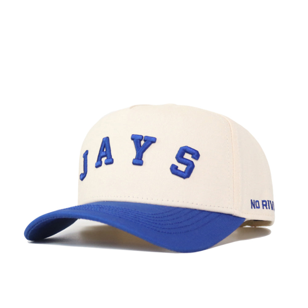 The Right Side Up JAYS Hat - Creighton by No Rivals is a white cotton-canvas snapback with a blue brim and embroidered JAYS on the front, plus NO RIVALRY in blue on the side of the brim. Classic, structured fit.