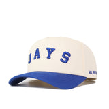 The Right Side Up JAYS Hat - Creighton by No Rivals is a white cotton-canvas snapback with a blue brim and embroidered JAYS on the front, plus NO RIVALRY in blue on the side of the brim. Classic, structured fit.