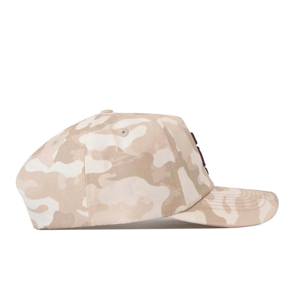 No Rivals Texas A&M Sand Camo Hat – Unstructured, shown in side profile on a white background, featuring a beige and white camouflage pattern with an officially licensed embroidered Texas A&M logo and an adjustable snap-back closure for a comfortable fit.