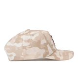 No Rivals Texas A&M Sand Camo Hat – Unstructured, shown in side profile on a white background, featuring a beige and white camouflage pattern with an officially licensed embroidered Texas A&M logo and an adjustable snap-back closure for a comfortable fit.