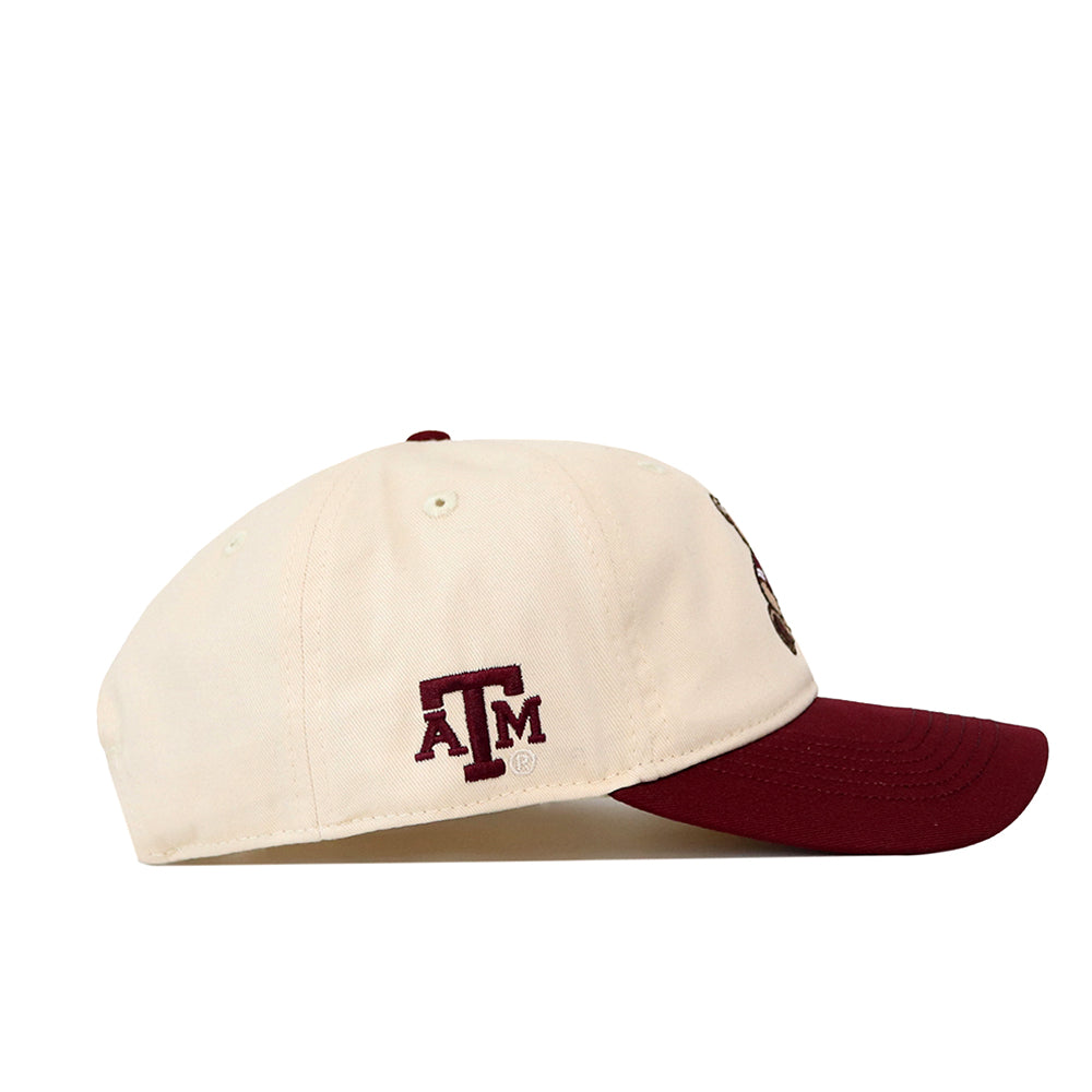 Off-white, unstructured Texas A&M Bear Hat - 6 Panel Unstructured with a maroon brim and an embroidered maroon A&M logo on the side.
