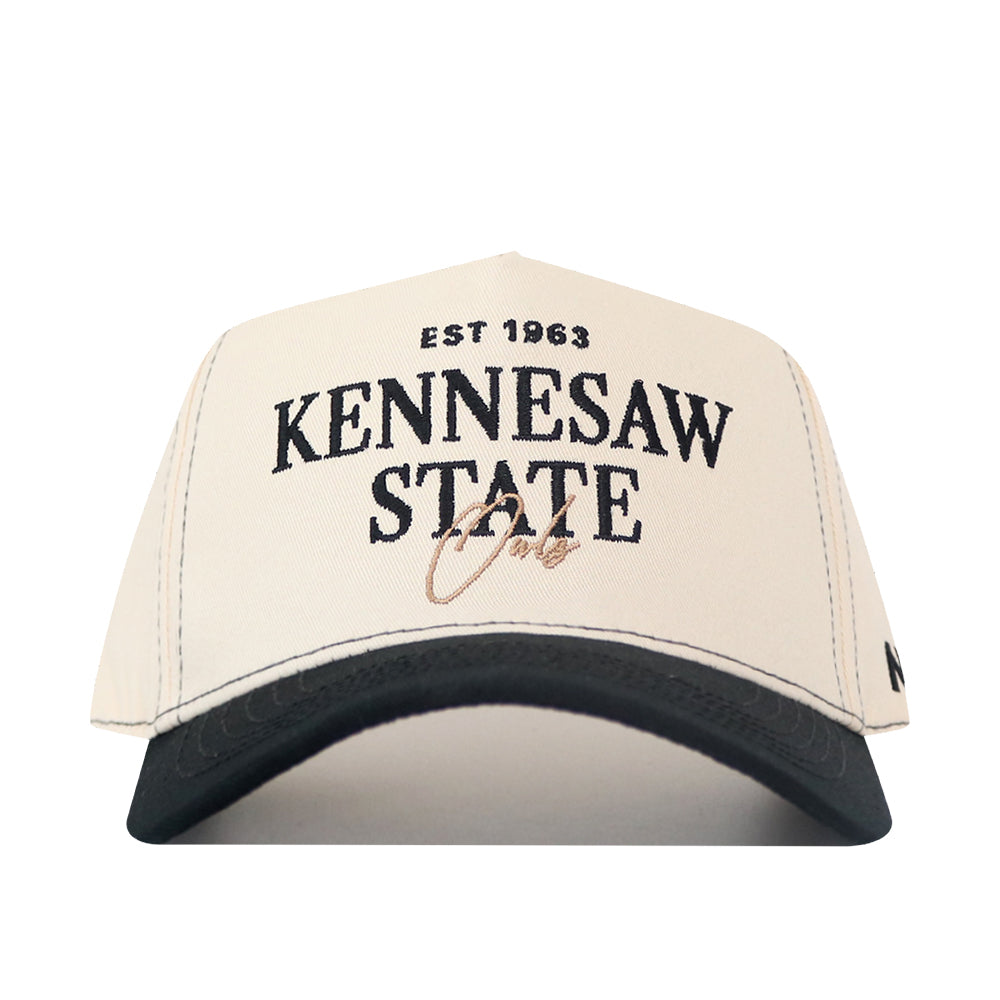 Elevate your gameday look with the Kennesaw State Owls Vintage Hat by No Rivals—a white and black snapback featuring “EST 1963 Kennesaw State Owls” embroidered in bold black and gold lettering on the front.