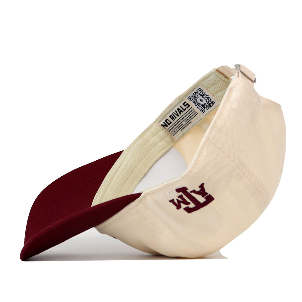 Cream-colored No Rivals Texas A&M Bear Hat - 6 Panel Unstructured with a maroon brim and an A&M logo on the side, showing the interior brand label and adjustable back strap.