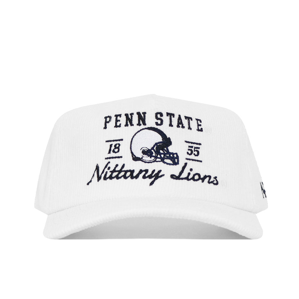 The No Rivals Penn State Vintage Cord Hat in white features "Penn State" and "Nittany Lions" in black, a football helmet graphic, and the numbers 18 and 55 to celebrate 1855. Officially licensed.