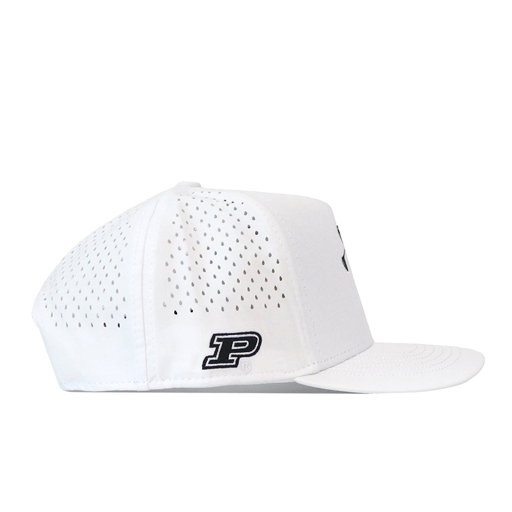 The No Rivals Purdue Golf Hat in white features a flat brim and small side ventilation holes, offering a simple and sporty design. Near the back, a black P logo outlined in white is embroidered for added detail. The hat includes a snap back closure for an adjustable fit.