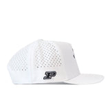 The No Rivals Purdue Golf Hat in white features a flat brim and small side ventilation holes, offering a simple and sporty design. Near the back, a black P logo outlined in white is embroidered for added detail. The hat includes a snap back closure for an adjustable fit.