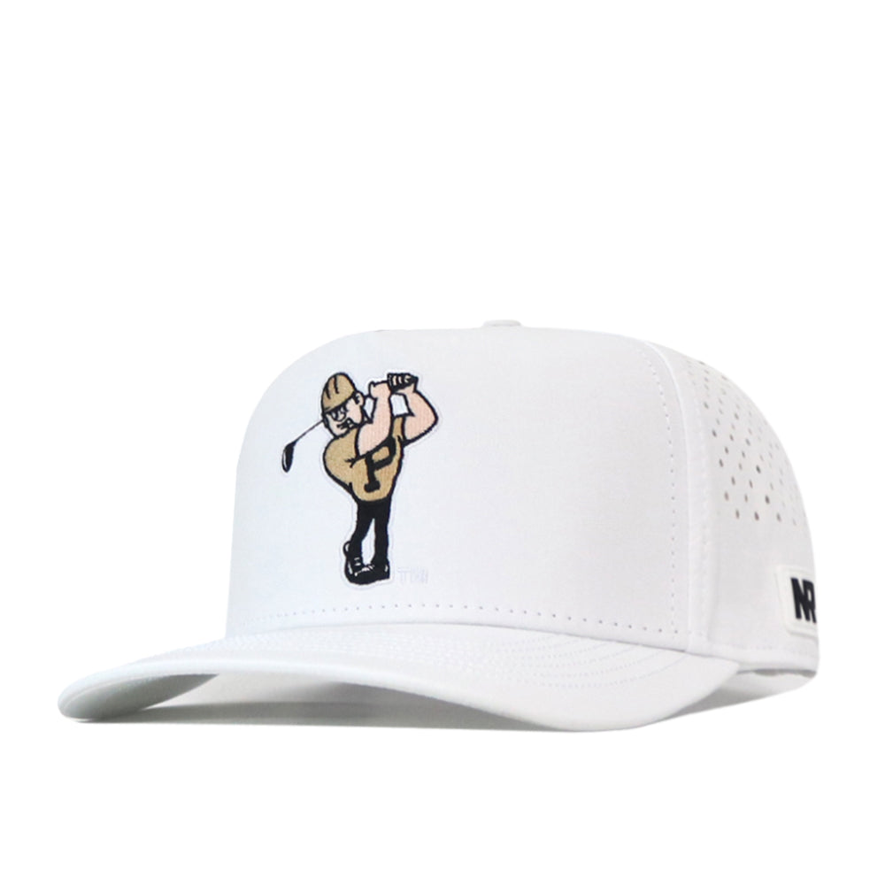 The No Rivals Purdue Golf Hat - White is an officially licensed snapback featuring an embroidered cartoon golfer swinging a club on the front, small ventilation holes on the sides, and a small embroidered logo patch on the brim.