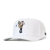 The No Rivals Purdue Golf Hat - White is an officially licensed snapback featuring an embroidered cartoon golfer swinging a club on the front, small ventilation holes on the sides, and a small embroidered logo patch on the brim.
