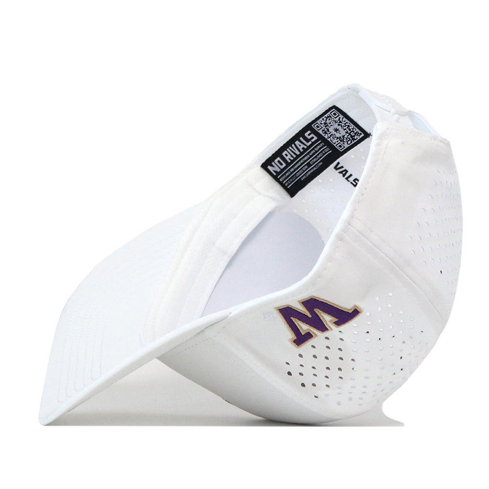 The Washington Huskies Golf Hat - White by No Rivals features a white sports cap design with a purple and gold embroidered “M” logo, perforated panels for breathability, an adjustable snap back closure, and a visible NO RIVALS label inside the brim.
