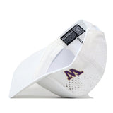 The Washington Huskies Golf Hat - White by No Rivals features a white sports cap design with a purple and gold embroidered “M” logo, perforated panels for breathability, an adjustable snap back closure, and a visible NO RIVALS label inside the brim.