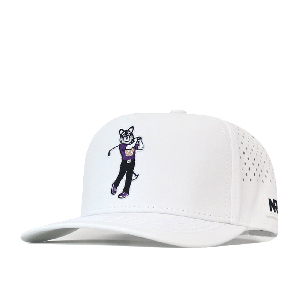 White snapback hat by No Rivals, officially licensed as the Washington Huskies Golf Hat. Features an embroidered logo of a cartoon dog wearing a purple shirt and sneakers on the front, small ventilation holes on the side, and “NR” text on the side panel.