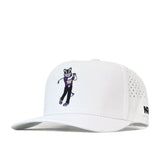 White snapback hat by No Rivals, officially licensed as the Washington Huskies Golf Hat. Features an embroidered logo of a cartoon dog wearing a purple shirt and sneakers on the front, small ventilation holes on the side, and “NR” text on the side panel.