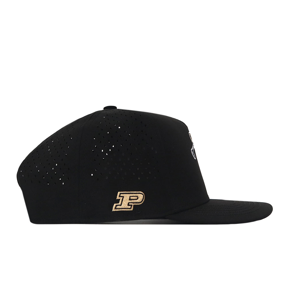 Introducing the No Rivals Purdue Golf Hat in black—a sleek flat-brim design featuring an embroidered gold “P” logo on the side, small ventilation holes on the crown, and a convenient snapback adjustment for a perfect gameday fit.