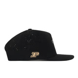 Introducing the No Rivals Purdue Golf Hat in black—a sleek flat-brim design featuring an embroidered gold “P” logo on the side, small ventilation holes on the crown, and a convenient snapback adjustment for a perfect gameday fit.