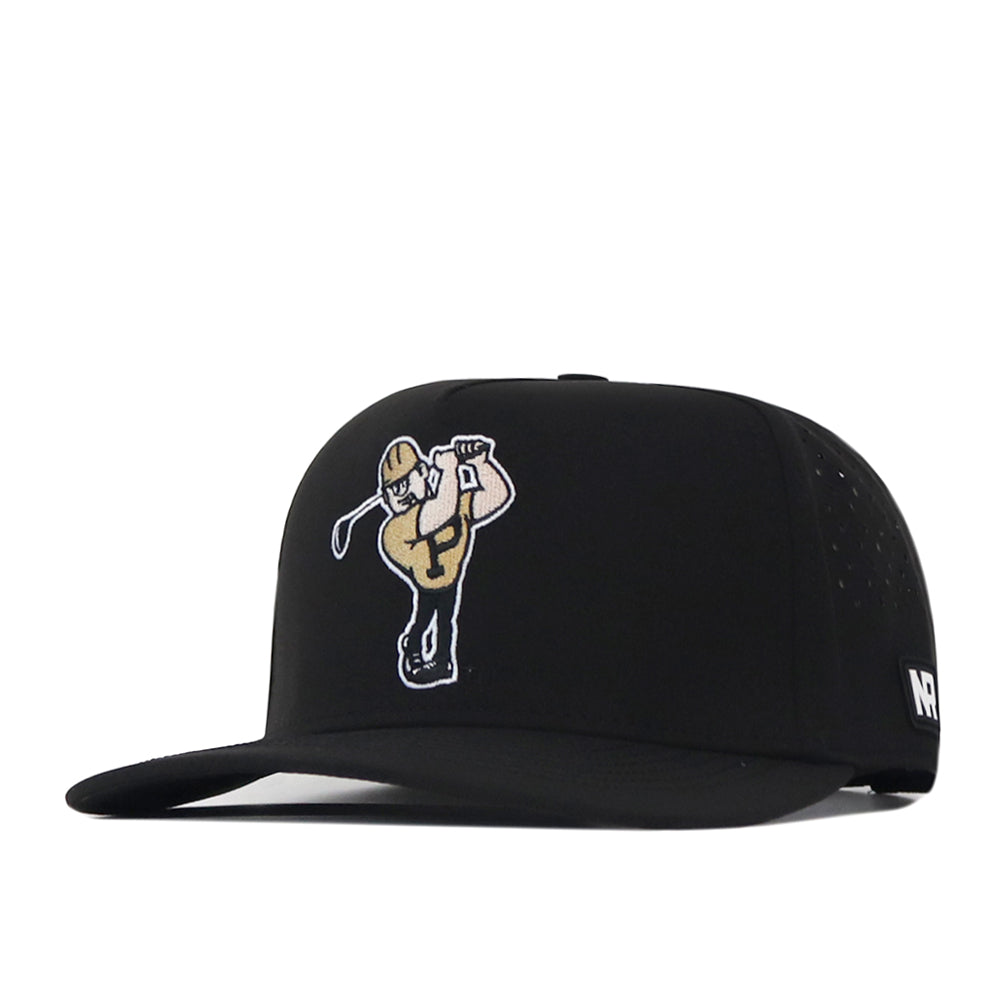 No Rivals Purdue Golf Hat - Black: This black snapback hat features an embroidered cartoon golfer swinging a club on the front, a small NR logo on the side, and a convenient Snap Back Adjustment for the perfect gameday fit.