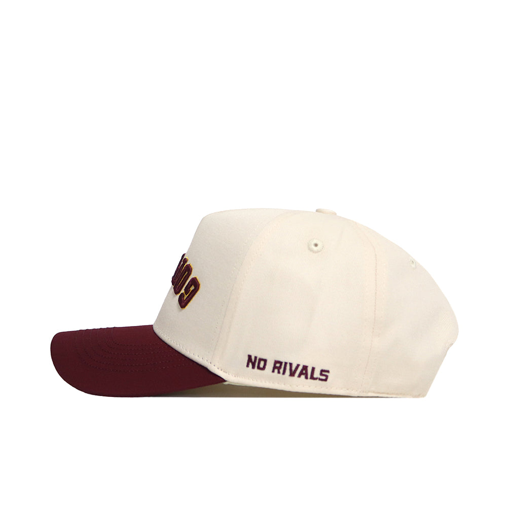 A cream and maroon snapback baseball cap from No Rivals, viewed from the side, features “NO RIVALS” embroidered in small dark letters above the brim—this is the officially licensed Minnesota Golden Gophers Upside Down Gophers Hat - Classic.