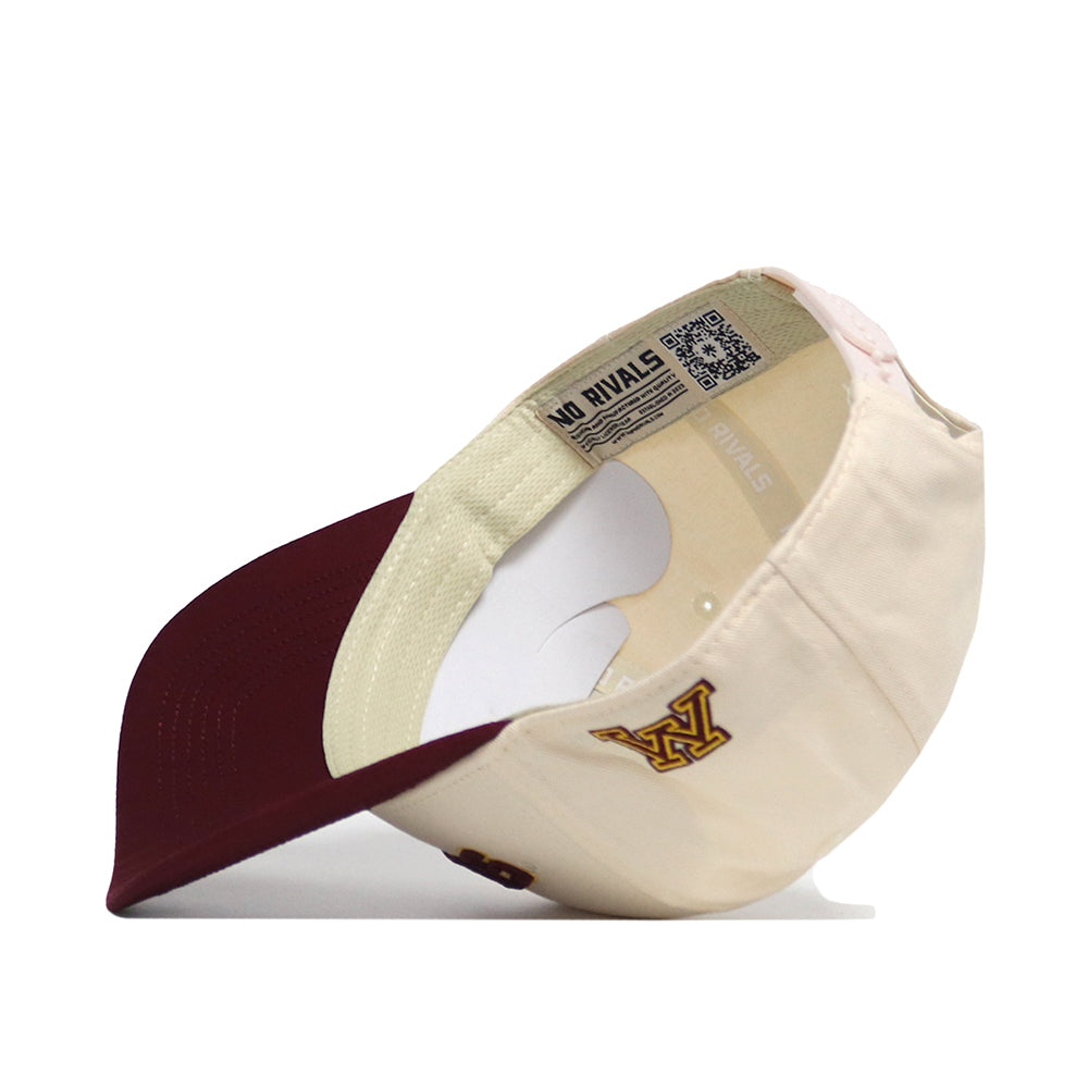 A cream and maroon Minnesota Golden Gophers Upside Down Gophers Hat - Classic by No Rivals is shown flipped upside down, revealing the inside. This officially licensed snapback baseball cap features a yellow “M” logo on the side and an interior band with a tag displaying text and a QR code.