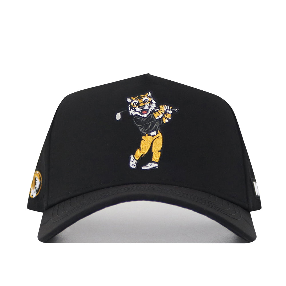 The No Rivals Mizzou Golf Hat - Swinging - Black is a structured black cap with an embroidered cartoon tiger in a golfing pose on the front, a small tiger logo on the side, and made from a durable polyester-cotton blend.