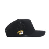 Side view of the No Rivals Mizzou Golf Hat - Swinging in black, featuring a structured snapback fit, small ventilation holes, and a yellow and white tiger logo patch above the brim. Made from a polyester-cotton blend.